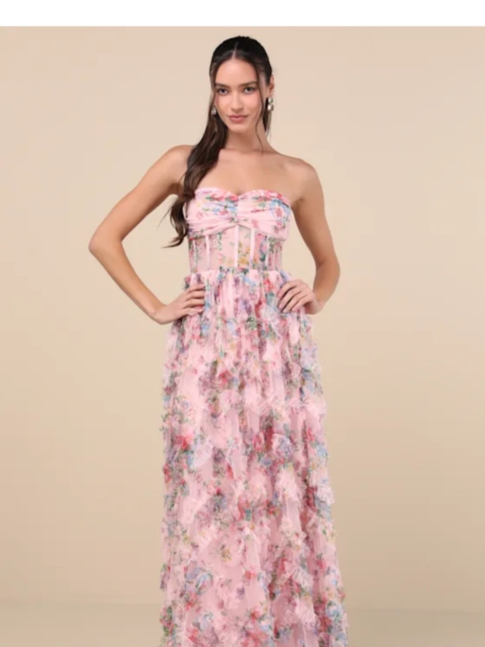 Stunning Element Pink Floral Mesh Ruffled Strapless Maxi Dress
Lulus